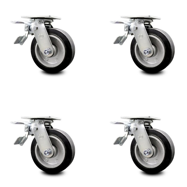 6 Inch Rubber on Aluminum Caster Set with Ball Bearing and Total Lock Brake SCC